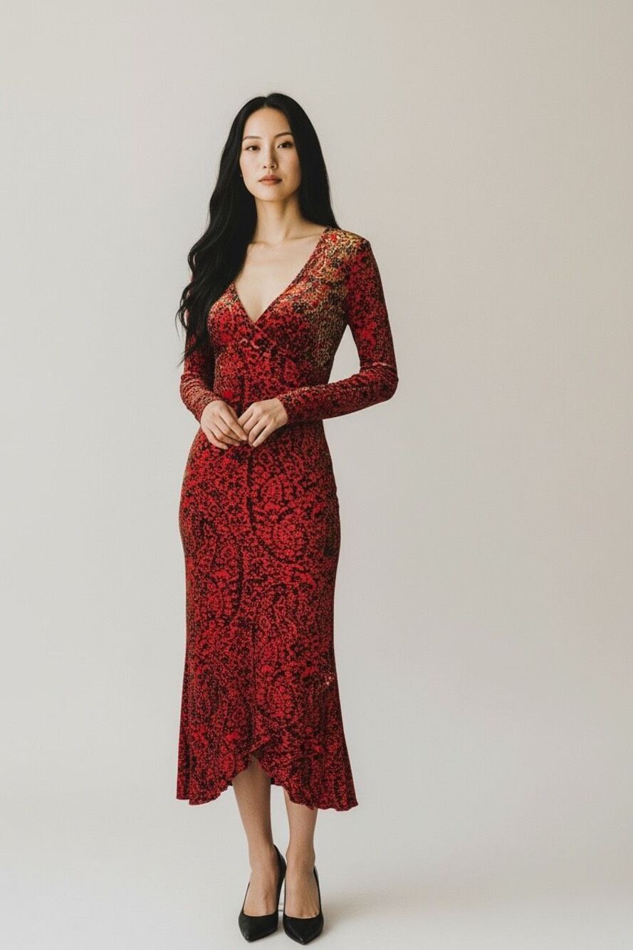 Vtg 90s Just In Time USA Red Print Vampy Devoré Velvet asymmetrical Maxi Dress